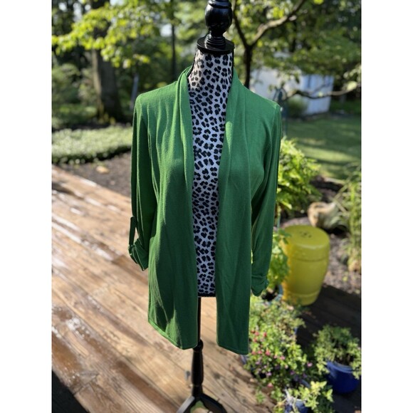 Susan Graver Large Green Open Cardigan Casual Office Roll Tab Sleeve NWOT READ - Picture 1 of 10
